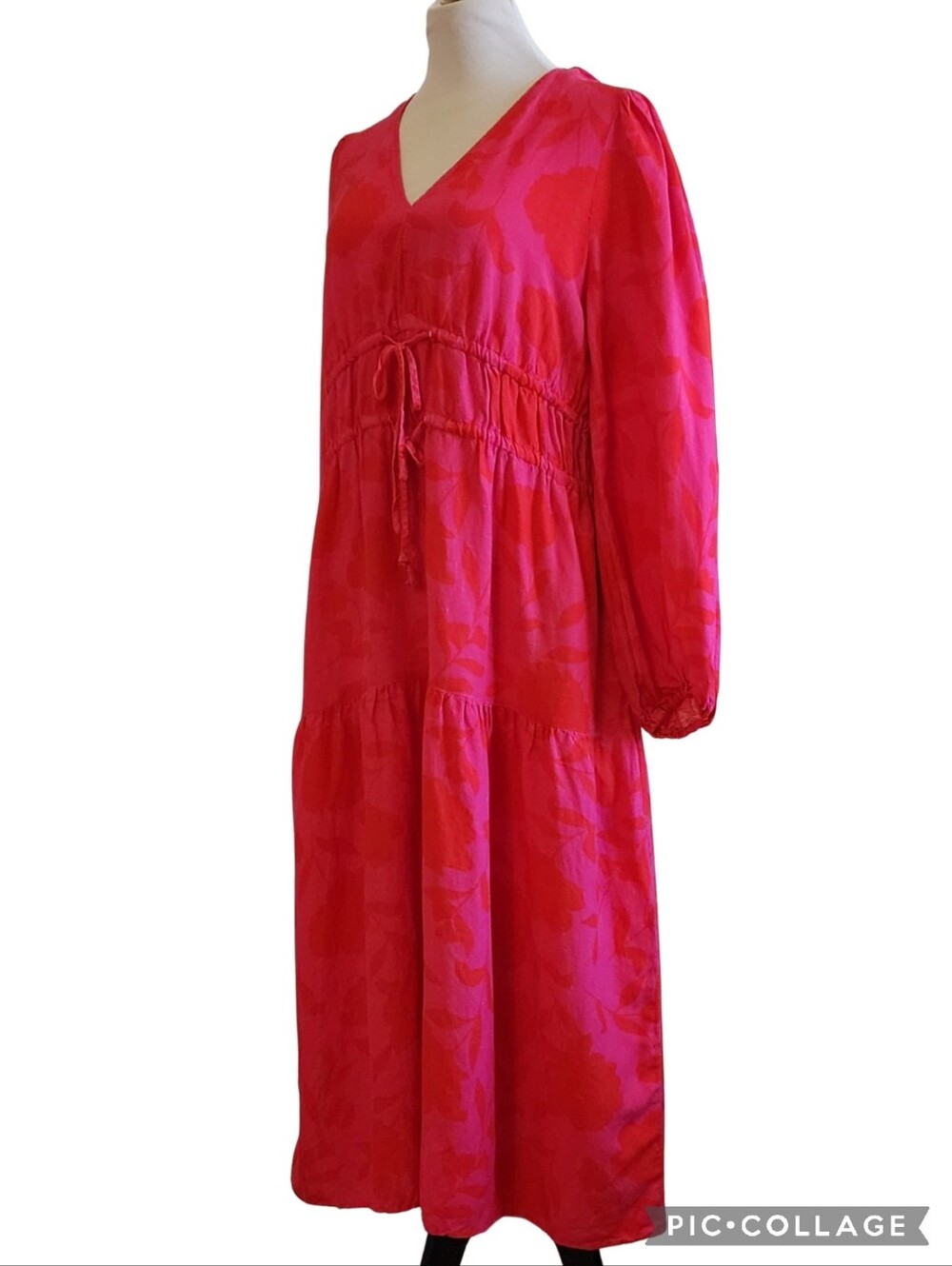 Kate Spade Pink/Red Floral Linen Gathered Dress, Front Ties, Pockets, 3/4 Sleeve - Picture 6 of 14